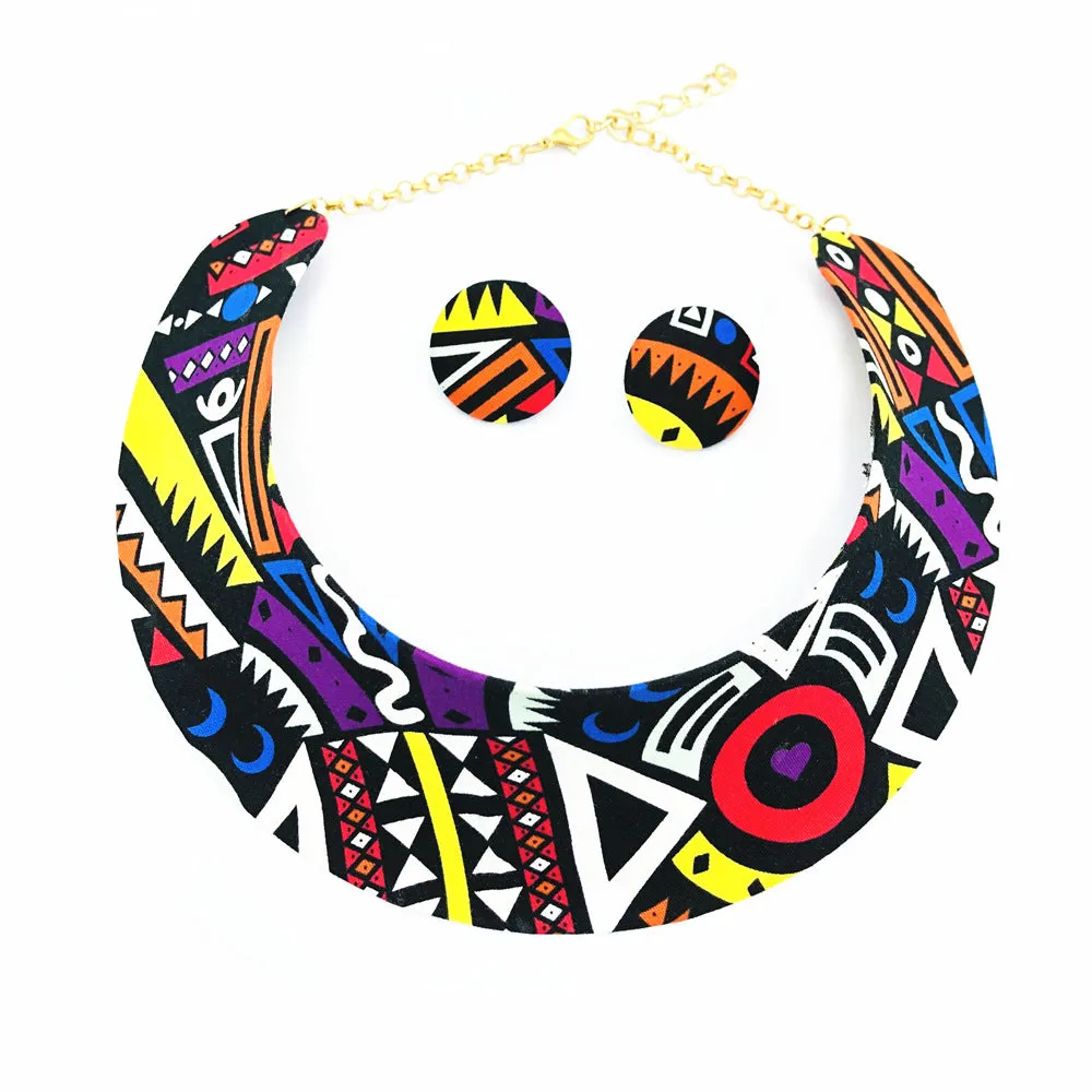 Exaggerated African Fabric Choker Set with Black Necklace - Handmade Amazon Ornament from the Savanna Rhythms Collection