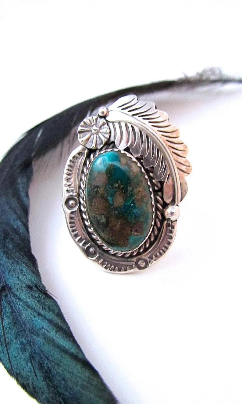 FEATHERED FRIEND 1970s Sterling Silver & Turquoise Statement Ring, Sz 7 1/2