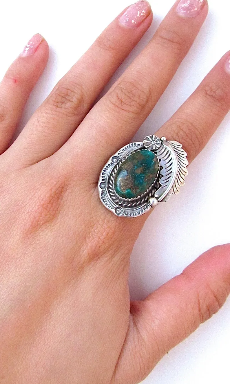 FEATHERED FRIEND 1970s Sterling Silver & Turquoise Statement Ring, Sz 7 1/2