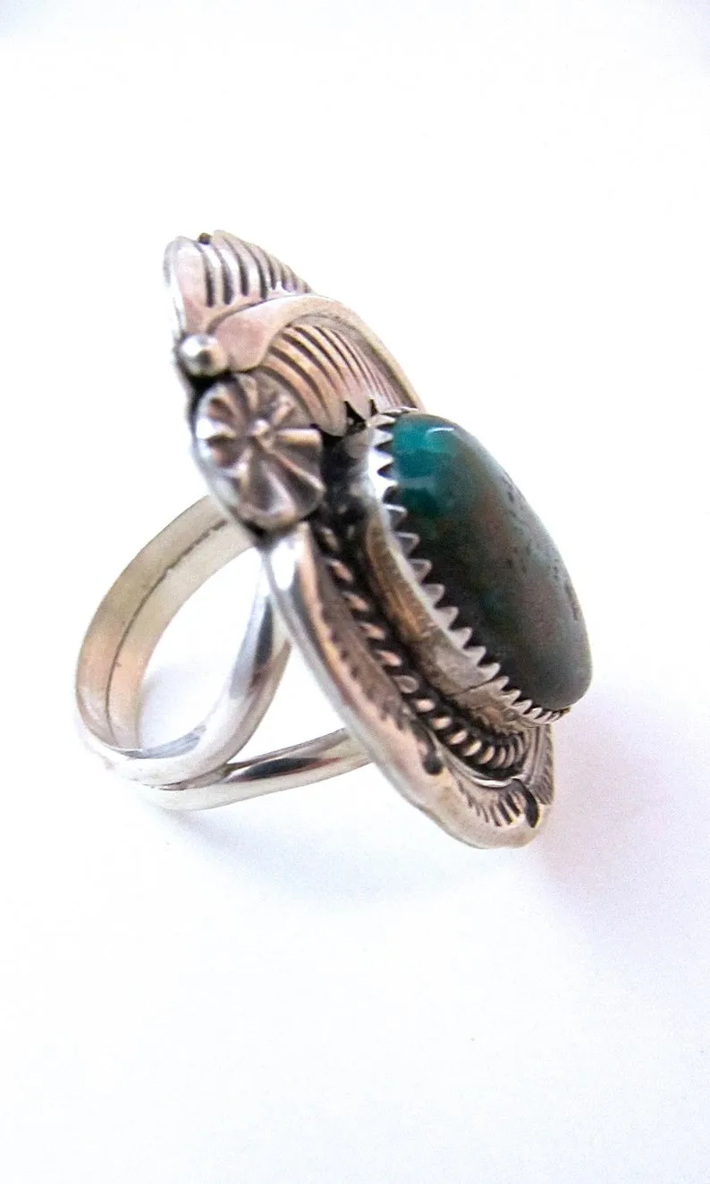 FEATHERED FRIEND 1970s Sterling Silver & Turquoise Statement Ring, Sz 7 1/2