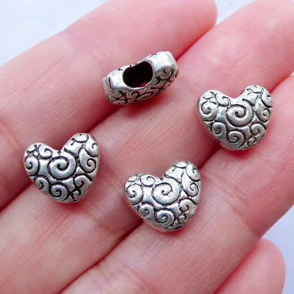 Filigree Heart Beads | Silver Love Bead with Scroll Lace Pattern | Wedding Supplies | Charm Bracelet & Jewelry Making (4pcs / Tibetan Silver / 11mm x 9mm / 2 Sided)