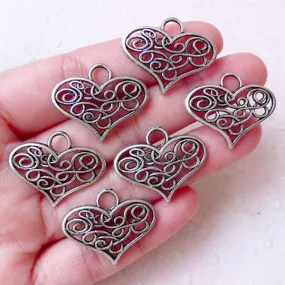 Filigree Heart Charms (6pcs / 26mm x 21mm / Tibetan Silver) Wedding Favor Love Jewellery Pendant Valentines Day Gift Decoration CHM1546