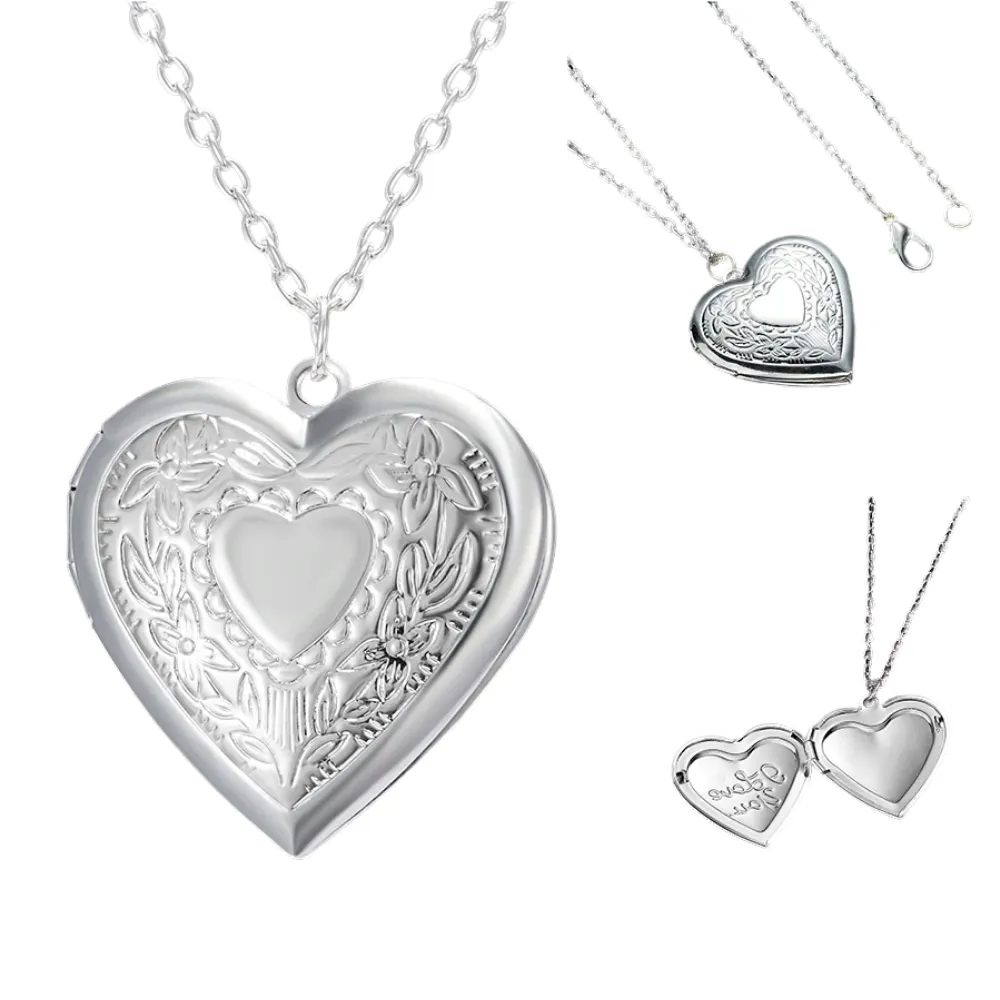 Floral Design Stamped Silver Heart Locket Necklace for Woman