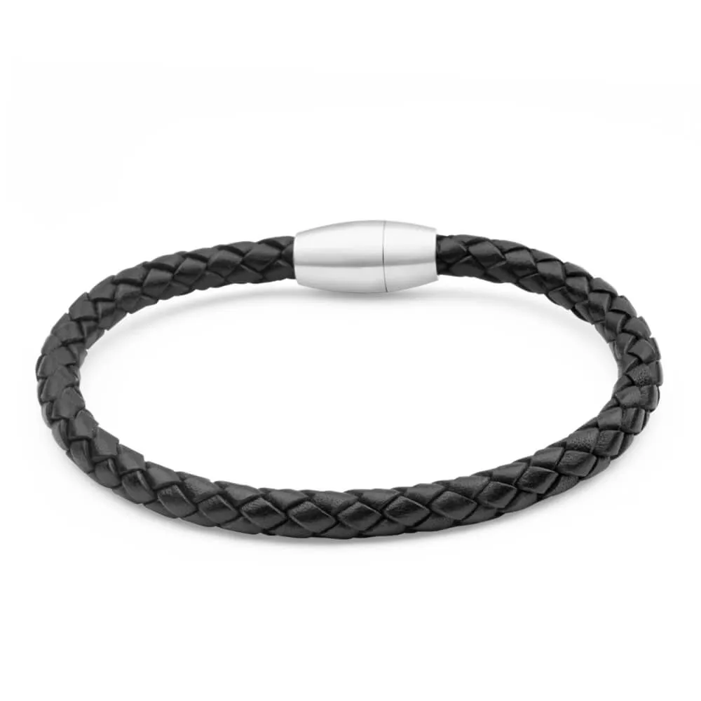 Forte Stainless Steel Black Leather 21cm Bracelet with Magnetic Clasp