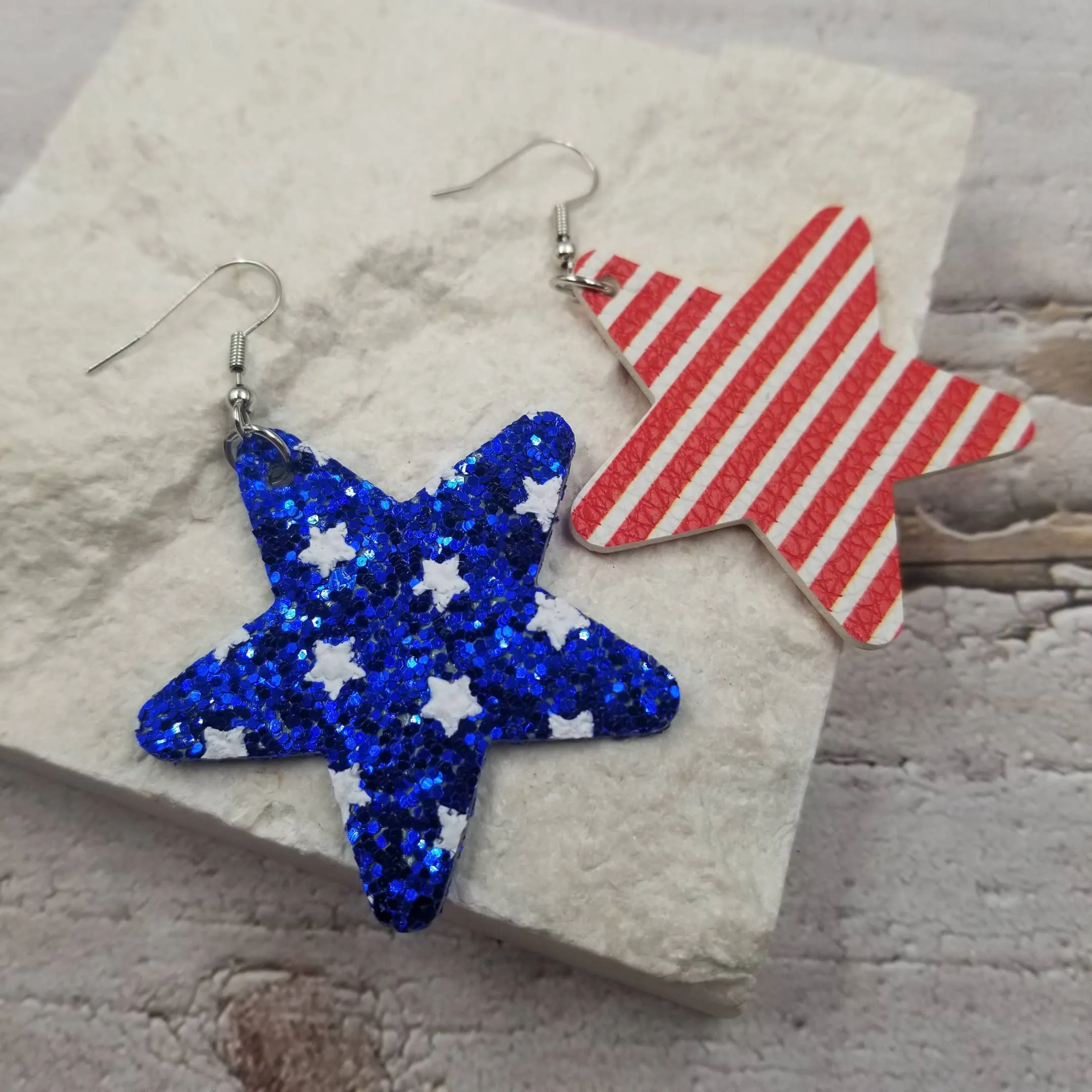 Fourth of July Patriotic Metallic Stars Leather Earrings