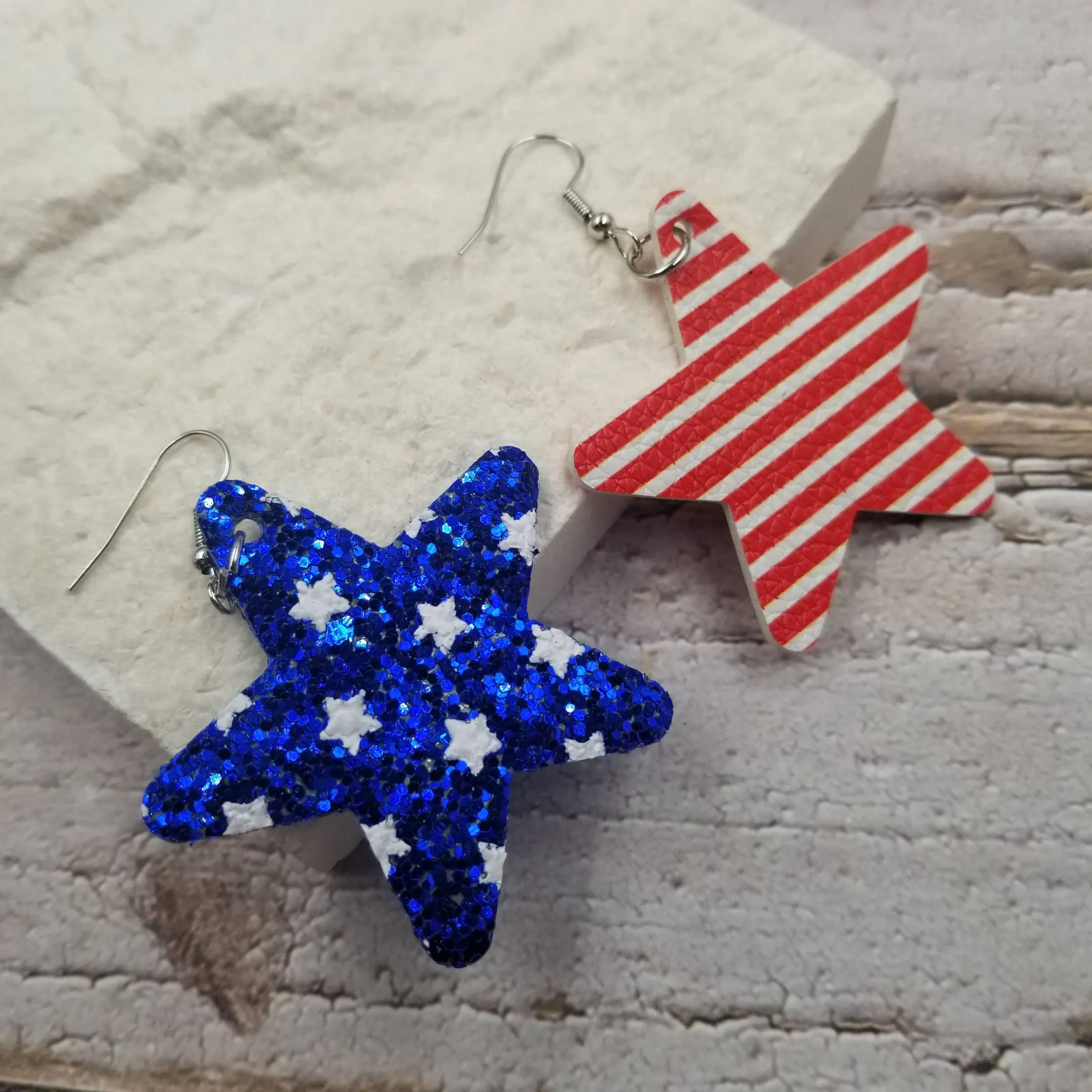 Fourth of July Patriotic Metallic Stars Leather Earrings