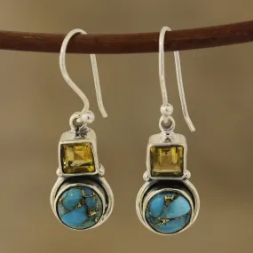 Glittering Combo Square Citrine and Composite Turquoise Dangle Earrings