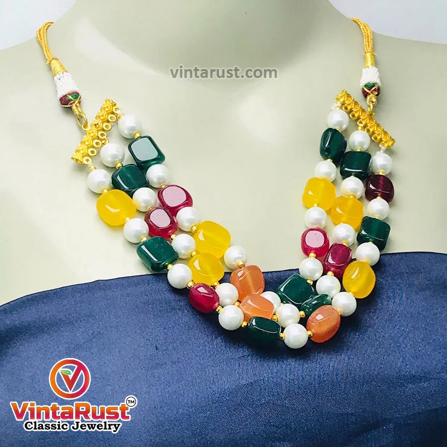 Handcrafted Colorful Stones and Pearls Choker Necklace