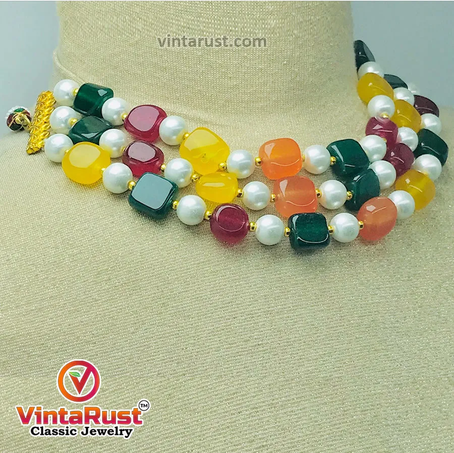 Handcrafted Colorful Stones and Pearls Choker Necklace