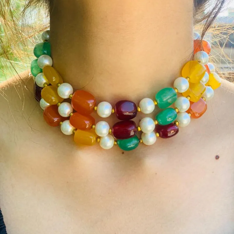 Handcrafted Colorful Stones and Pearls Choker Necklace