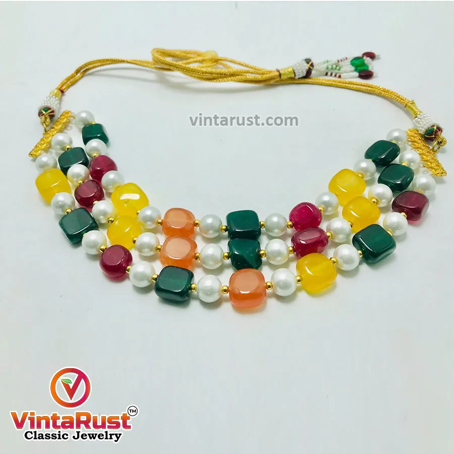 Handcrafted Colorful Stones and Pearls Choker Necklace