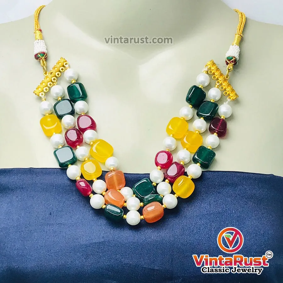 Handcrafted Colorful Stones and Pearls Choker Necklace