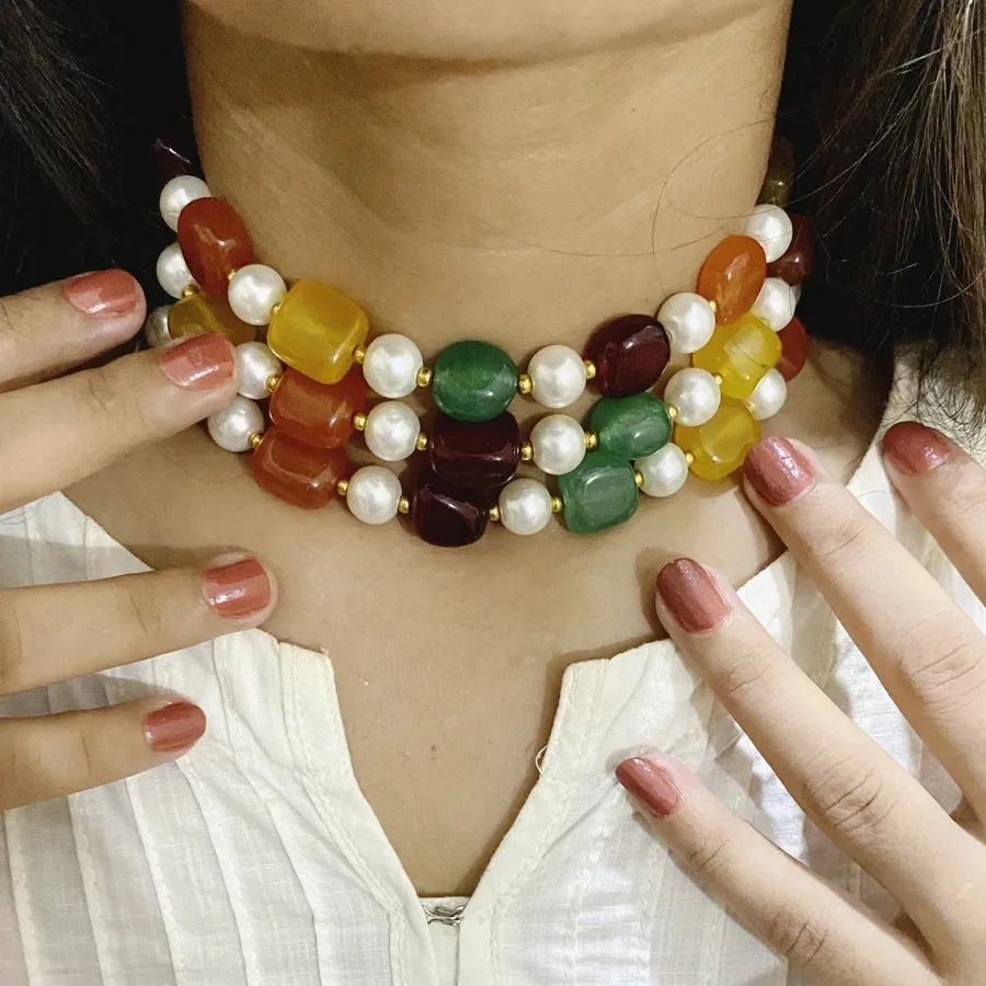 Handcrafted Colorful Stones and Pearls Choker Necklace