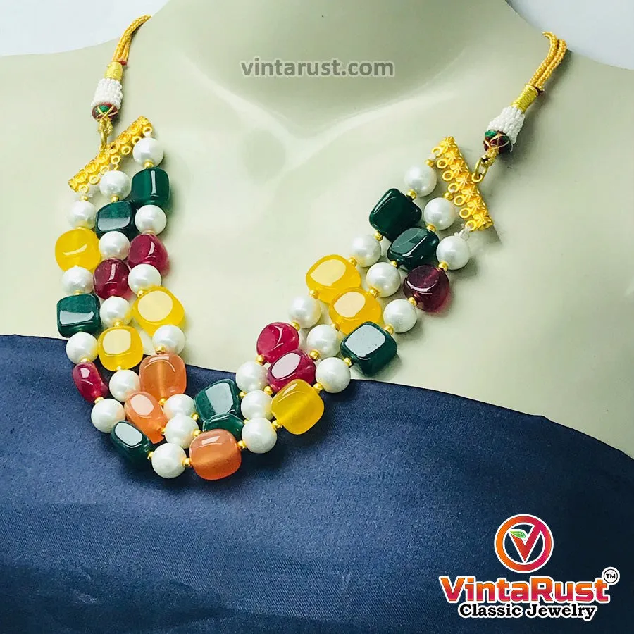 Handcrafted Colorful Stones and Pearls Choker Necklace