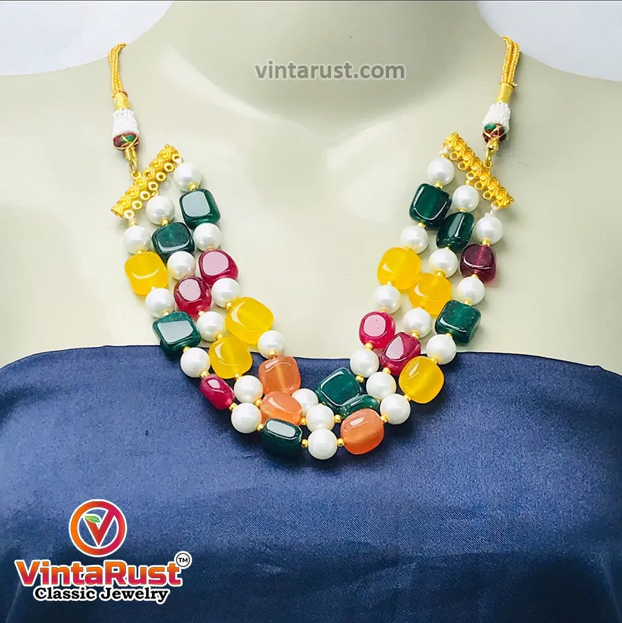 Handcrafted Colorful Stones and Pearls Choker Necklace