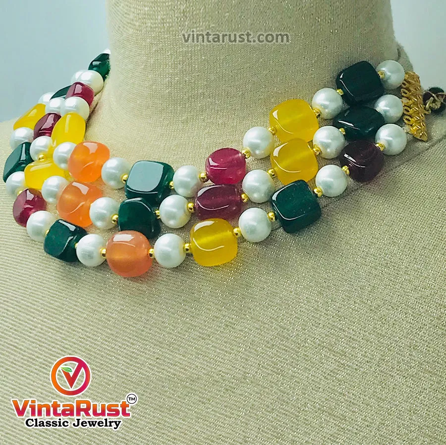 Handcrafted Colorful Stones and Pearls Choker Necklace