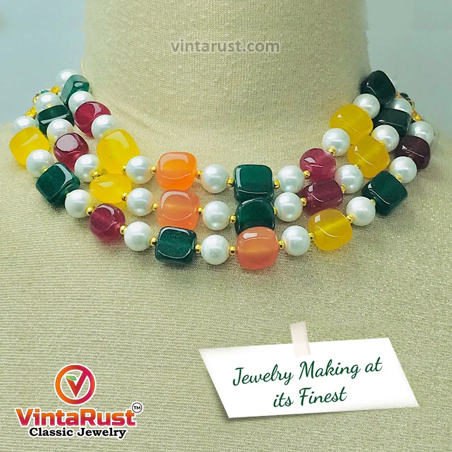 Handcrafted Colorful Stones and Pearls Choker Necklace