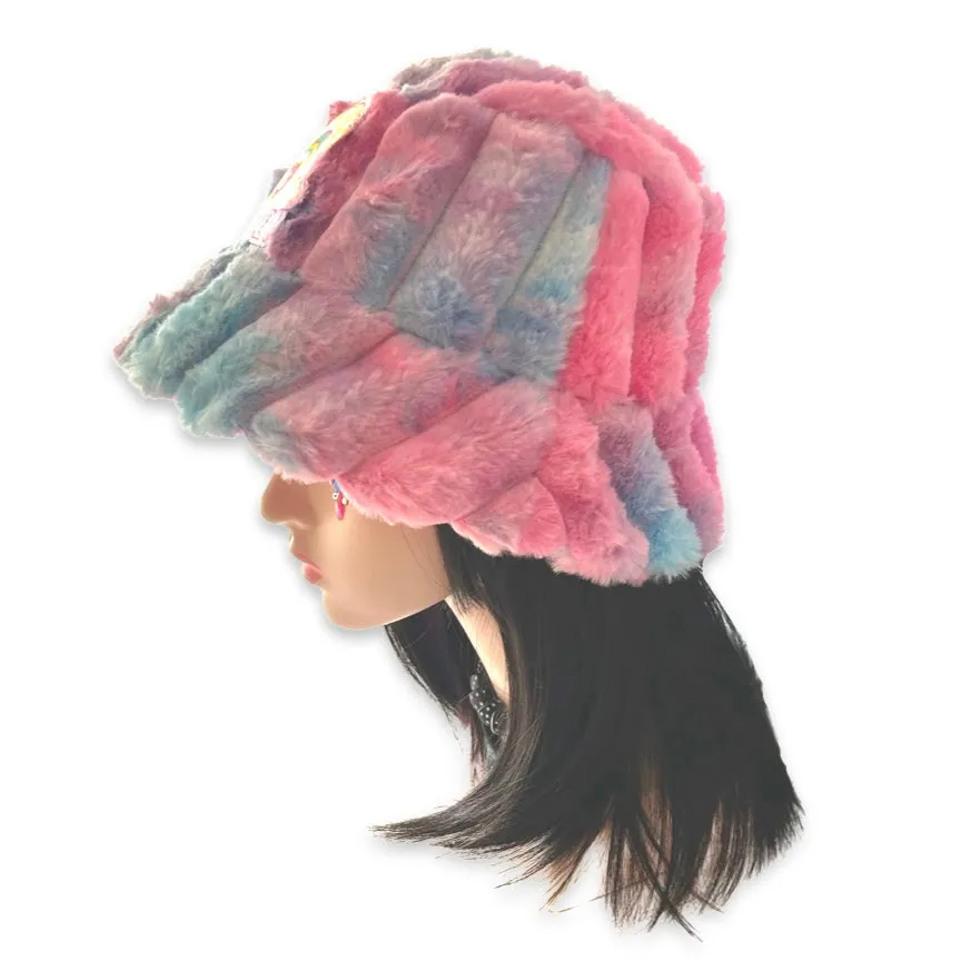 Handmade pastel pink & blue tie dye furry bucket hat - Happiness is power