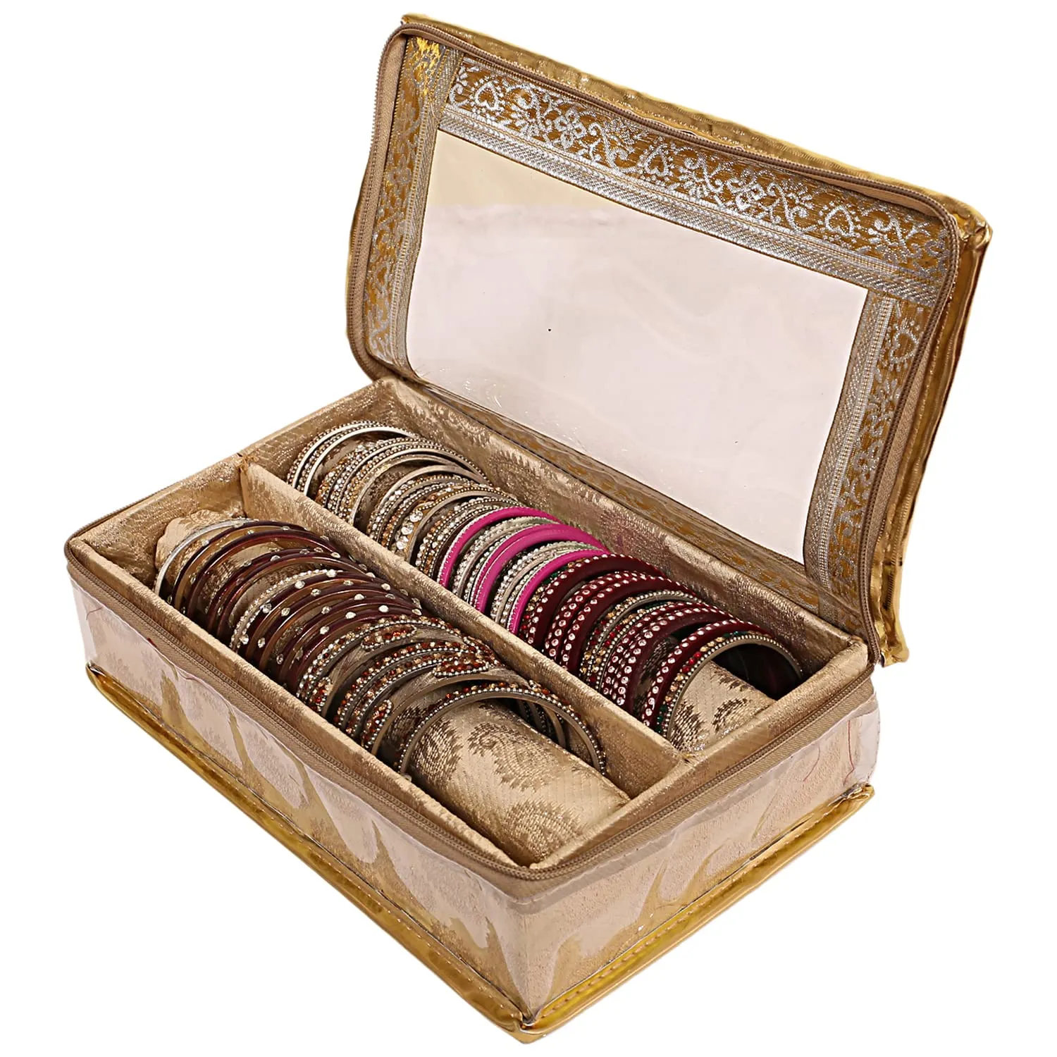 Heart Home Multipurpose Carry Design Laminated 2 Rod Bangle Box/Organizer/Case With Tranasparent Top (Gold)-47HH029