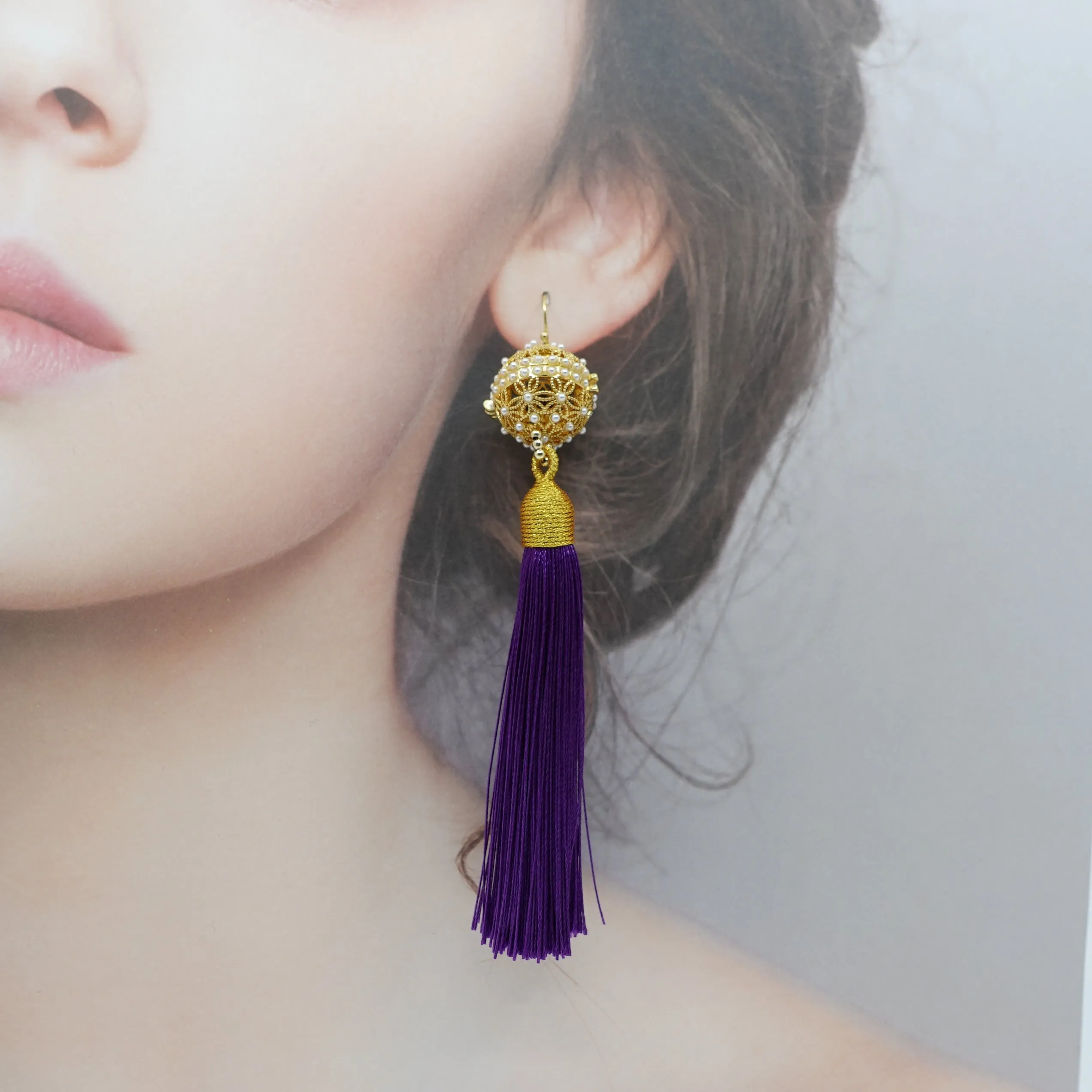 Herbal Locket Silk Tassel Earrings - Deep Purple