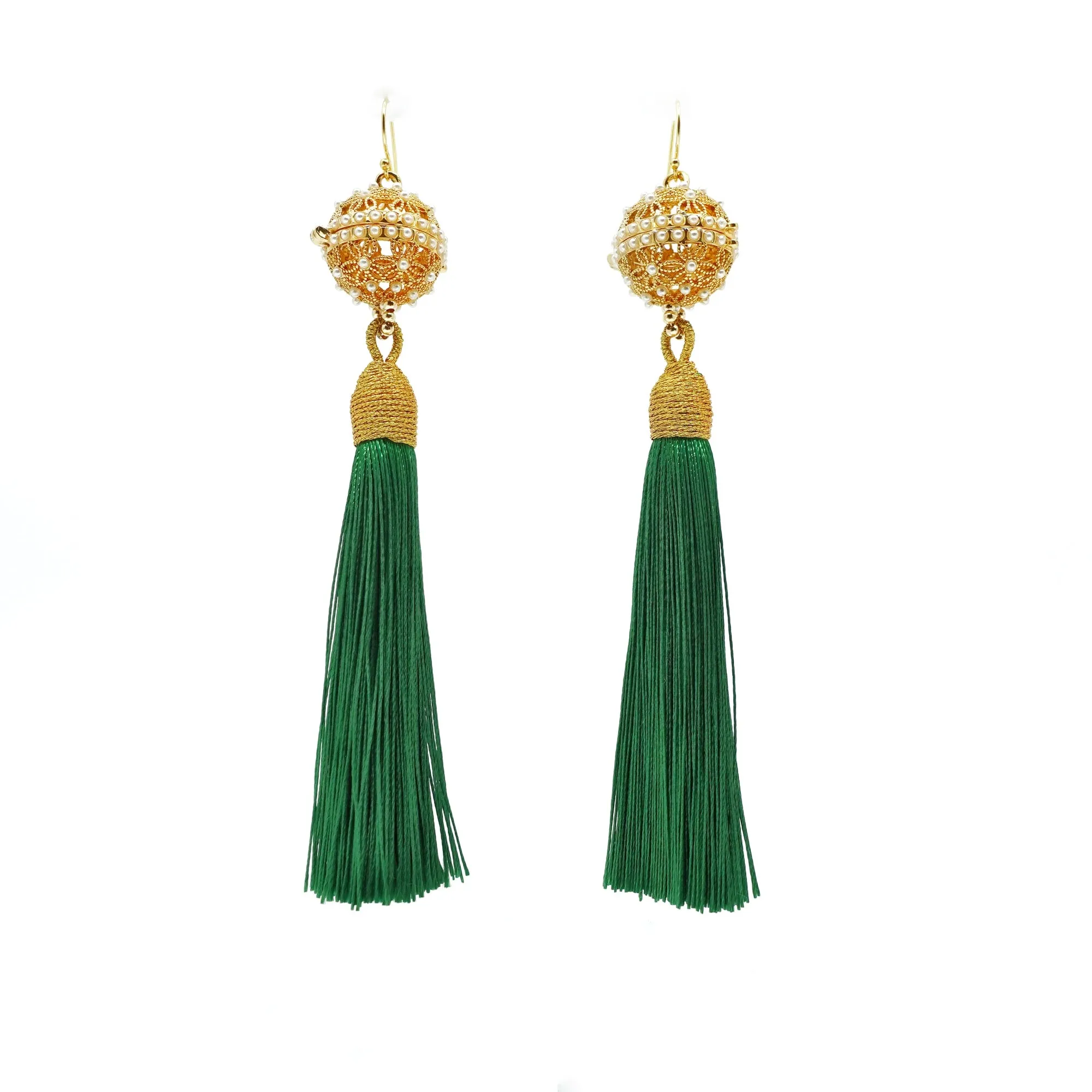 Herbal Locket Silk Tassel Earrings - Emerald Green