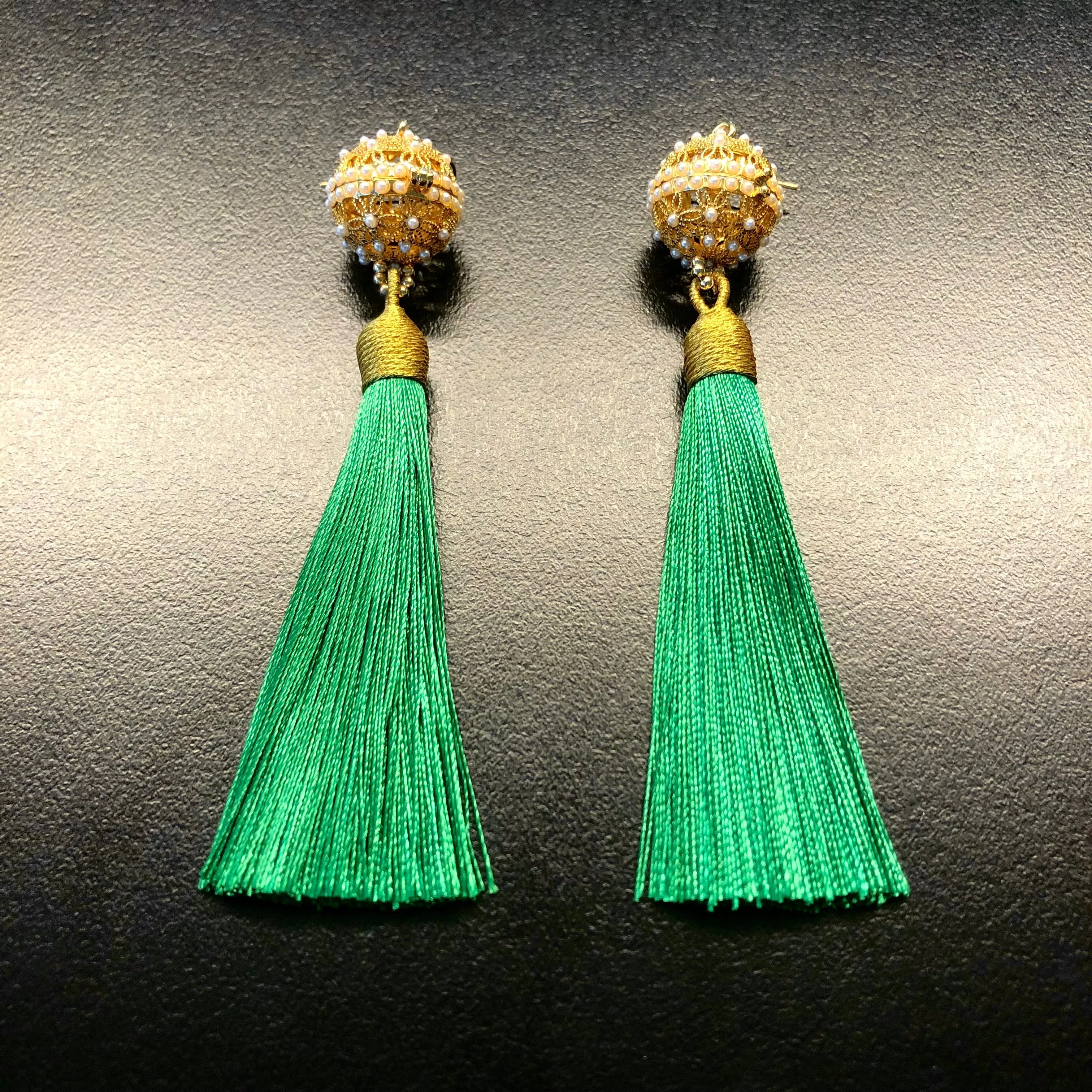 Herbal Locket Silk Tassel Earrings - Emerald Green