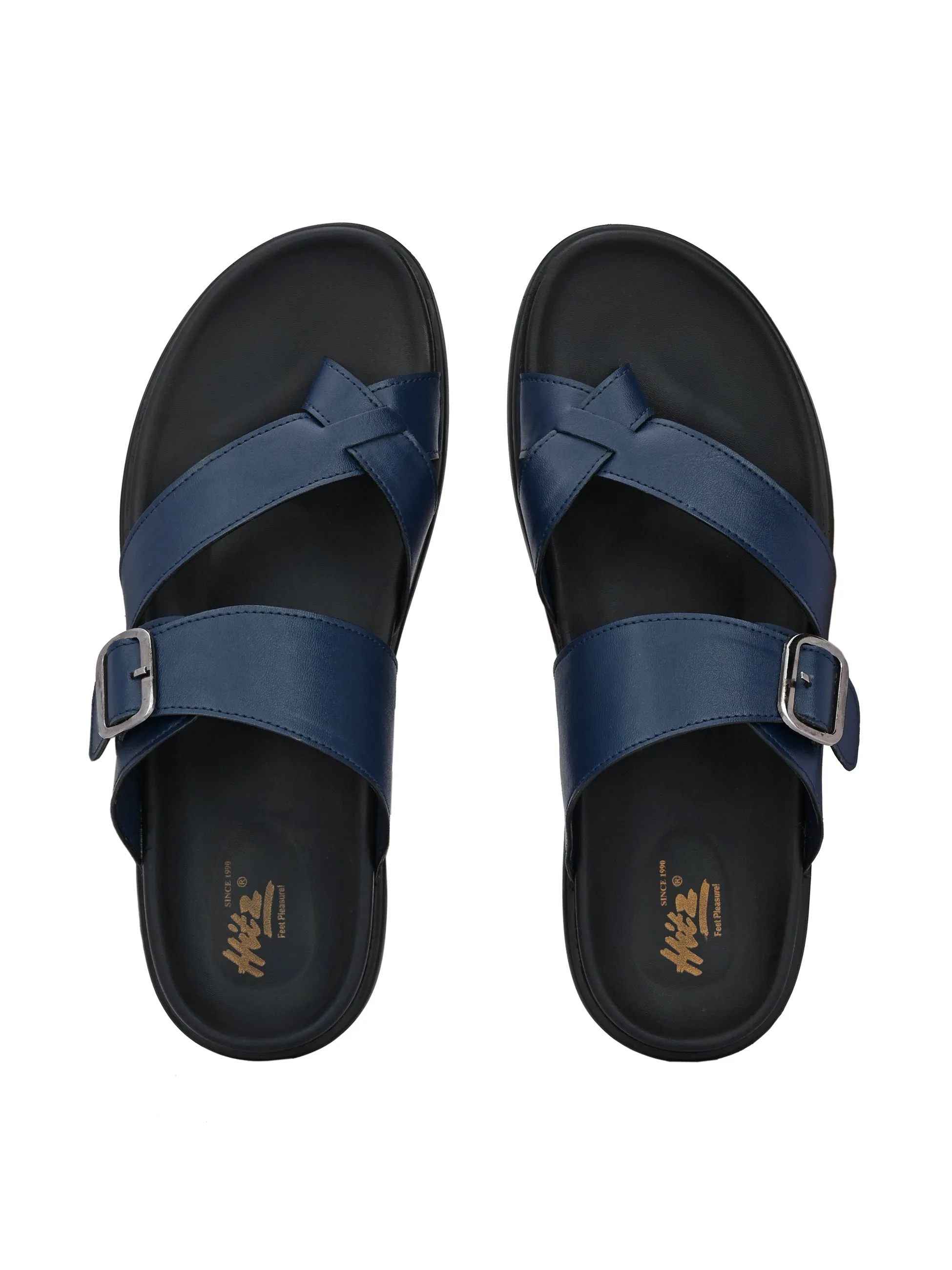 Hitz Men's Blue Leather Toe-Ring Slippers