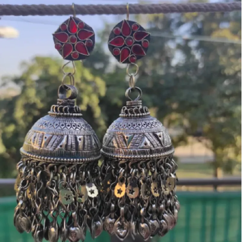 Jhumka Earrings with Pink Glass Stones And Beads