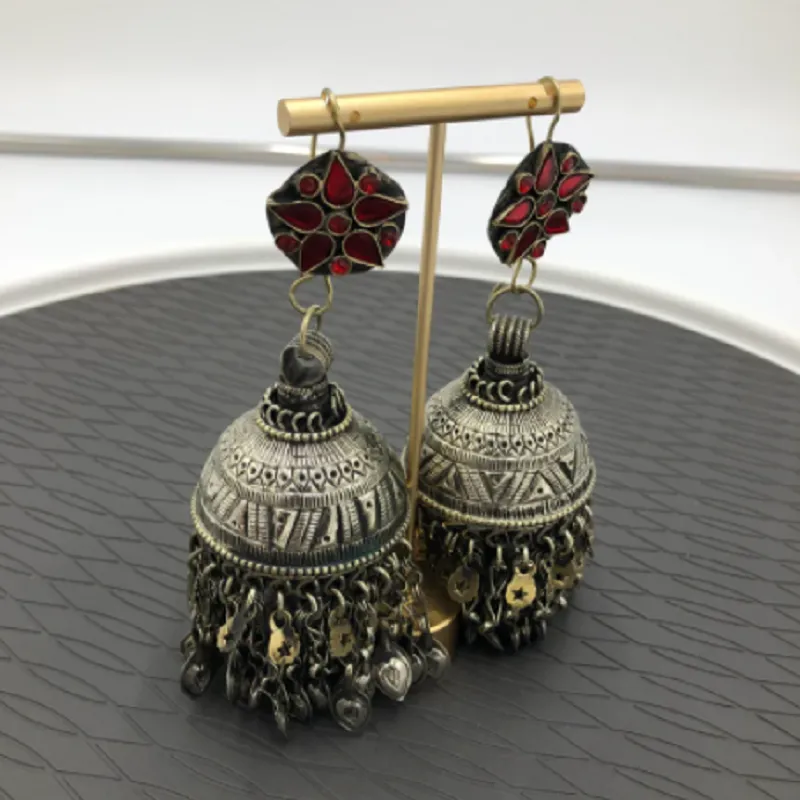 Jhumka Earrings with Pink Glass Stones And Beads