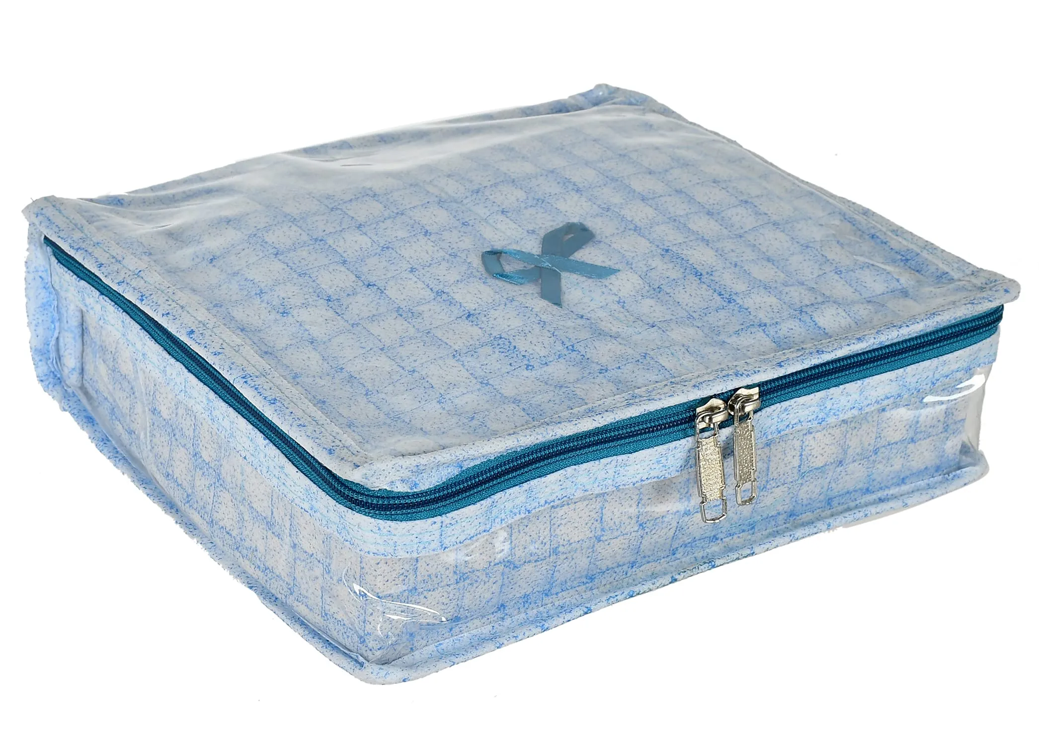 Kuber Industries Check Design Laminated PVC Jewellery Box/Organizer with 4 Transparent Pouch & 1 Bangle/Watch Rod (Blue)-HS_38_LUGGAGE21274