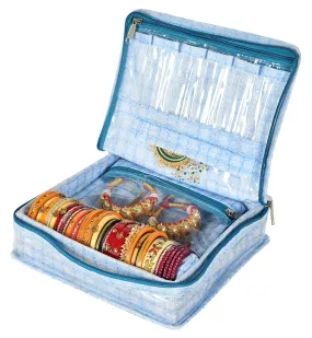 Kuber Industries Check Design Laminated PVC Jewellery Box/Organizer with 4 Transparent Pouch & 1 Bangle/Watch Rod (Blue)-HS_38_LUGGAGE21274