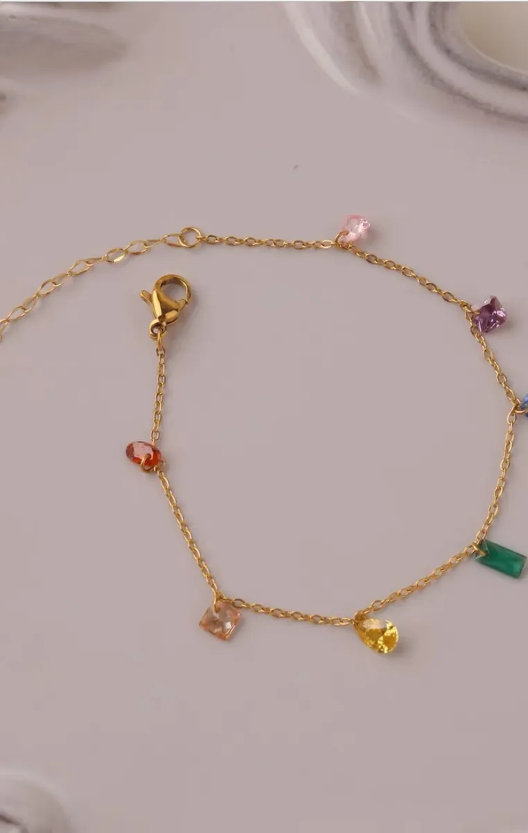 Lila Joyful Colors Cubic Zirconia Pendant with Beaded Chain Bracelet in Gold