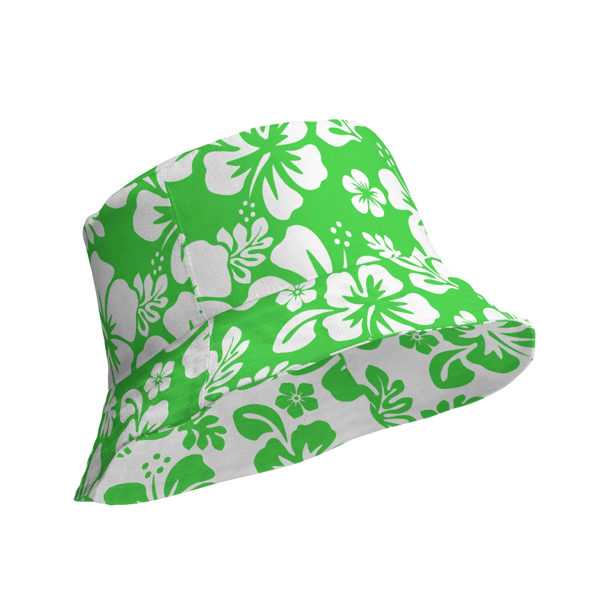 Lime Green and White Hawaiian Flowers Reversible Bucket Hat