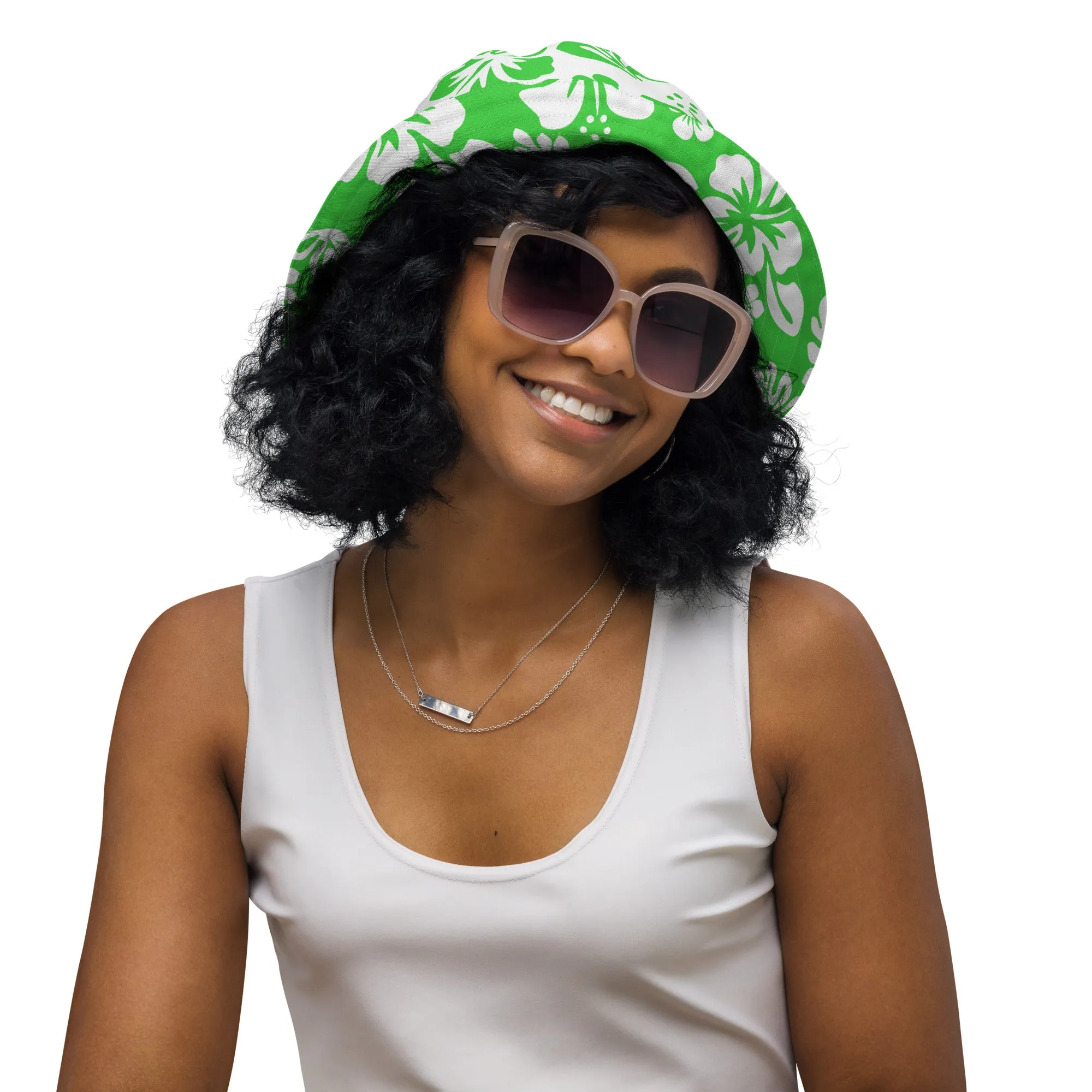 Lime Green and White Hawaiian Flowers Reversible Bucket Hat