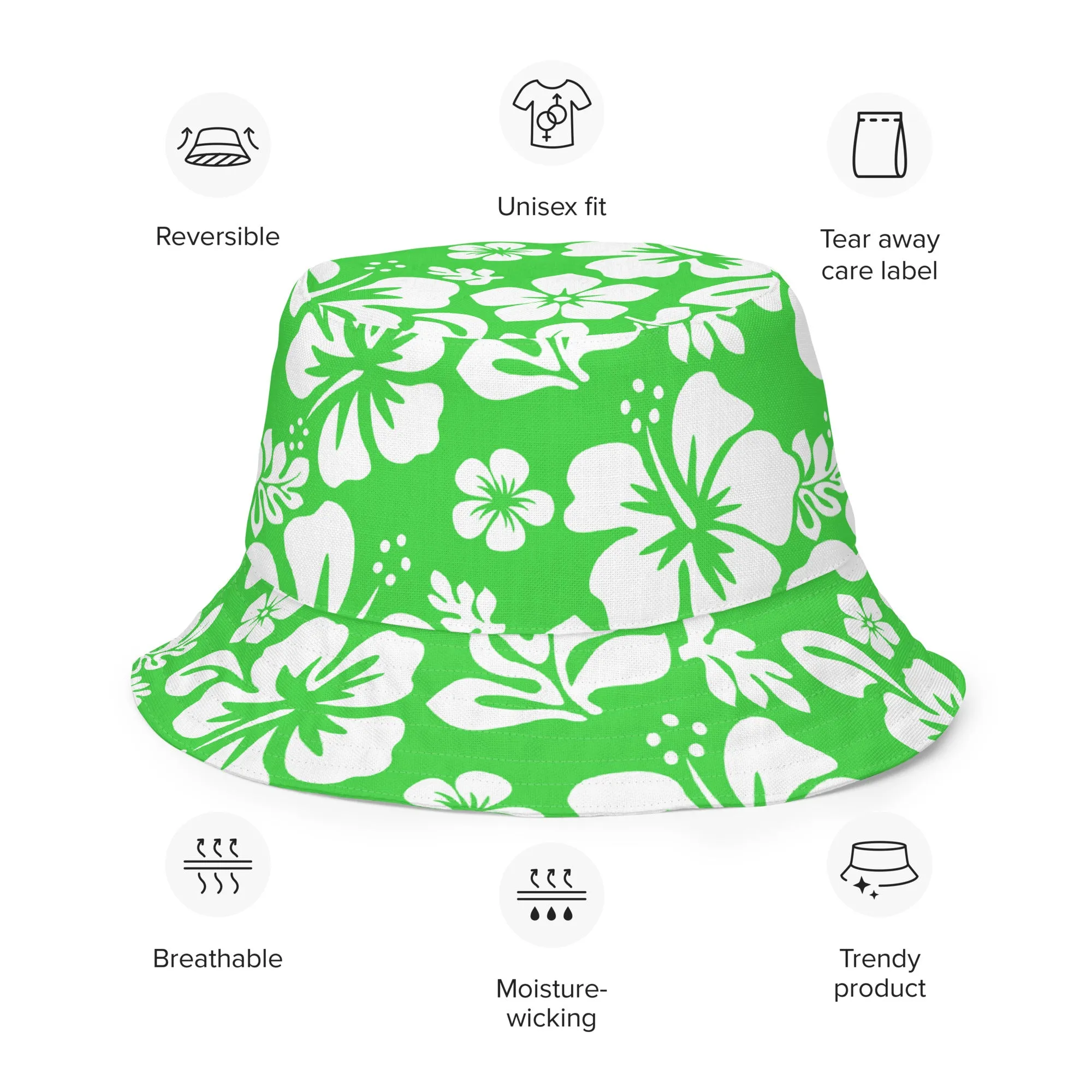 Lime Green and White Hawaiian Flowers Reversible Bucket Hat