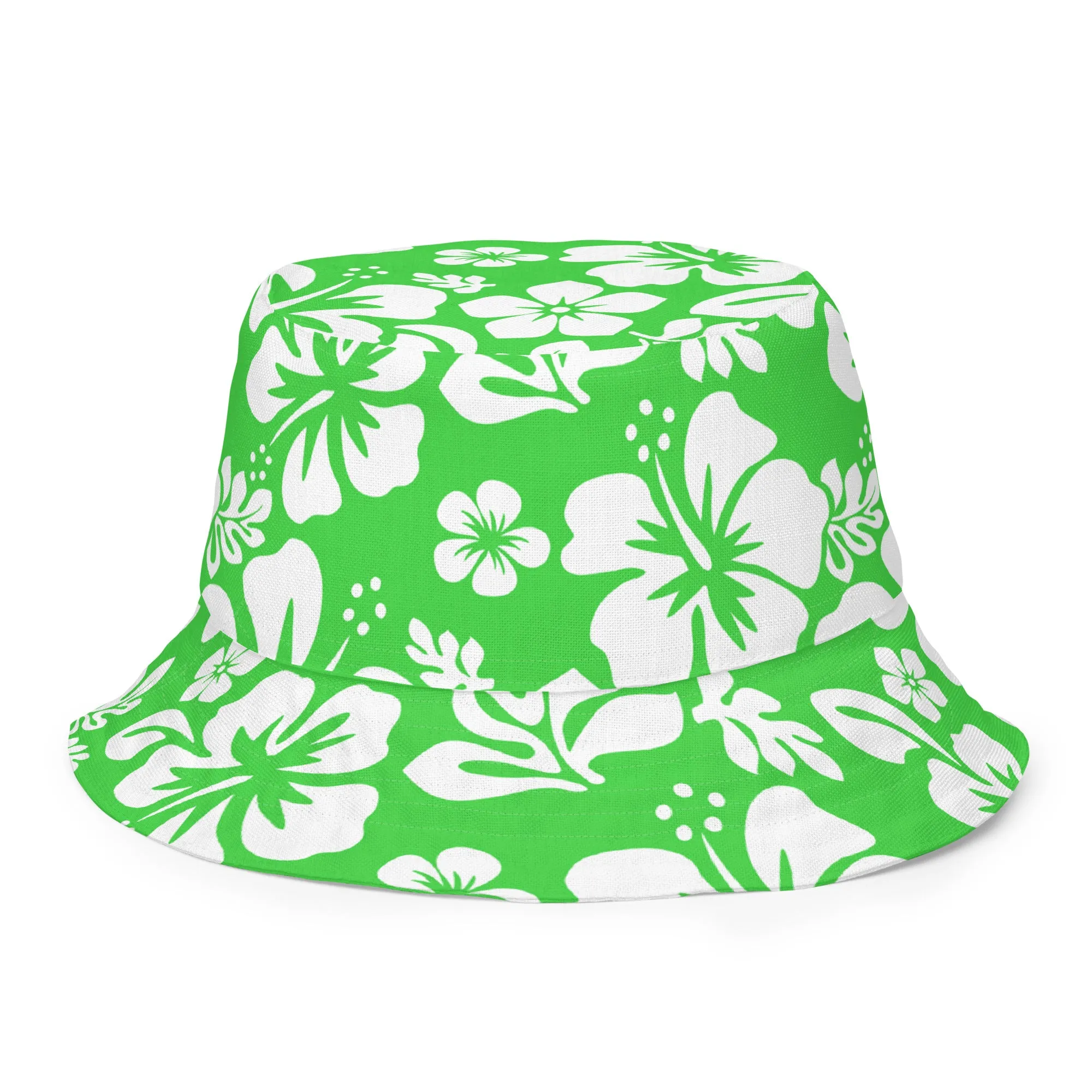 Lime Green and White Hawaiian Flowers Reversible Bucket Hat