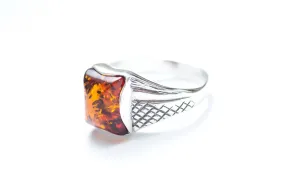 Men's Amber Solitaire Ring - Sterling Silver Band with Baltic Amber Gemstone