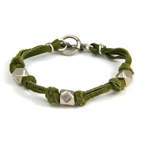 Mens Silver Triple Beaded Sage Deerskin Leather Bracelet