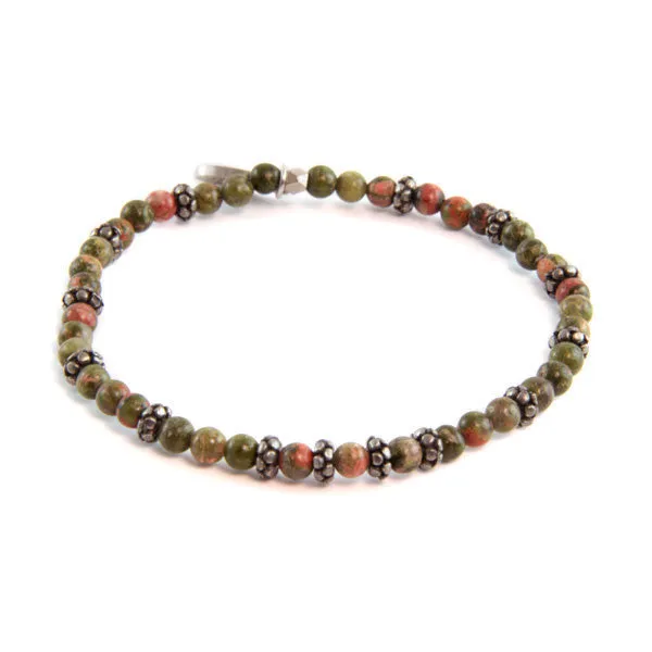 Mens Unakite and Faceted Donut Beaded Bracelet