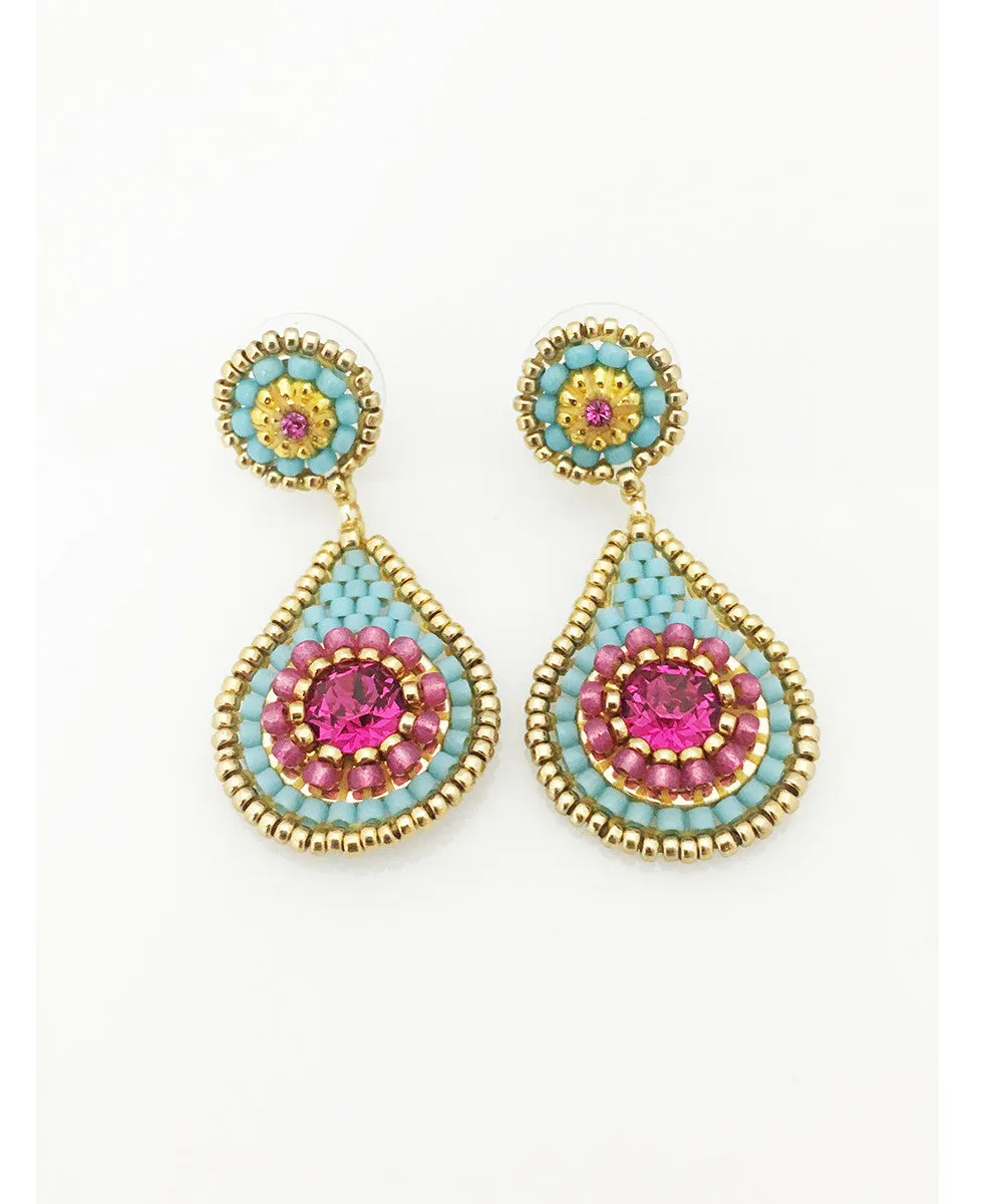 Miguel Ases Swarovski and Turquoise and Fuchsia Miyuki Seed Bead Earring