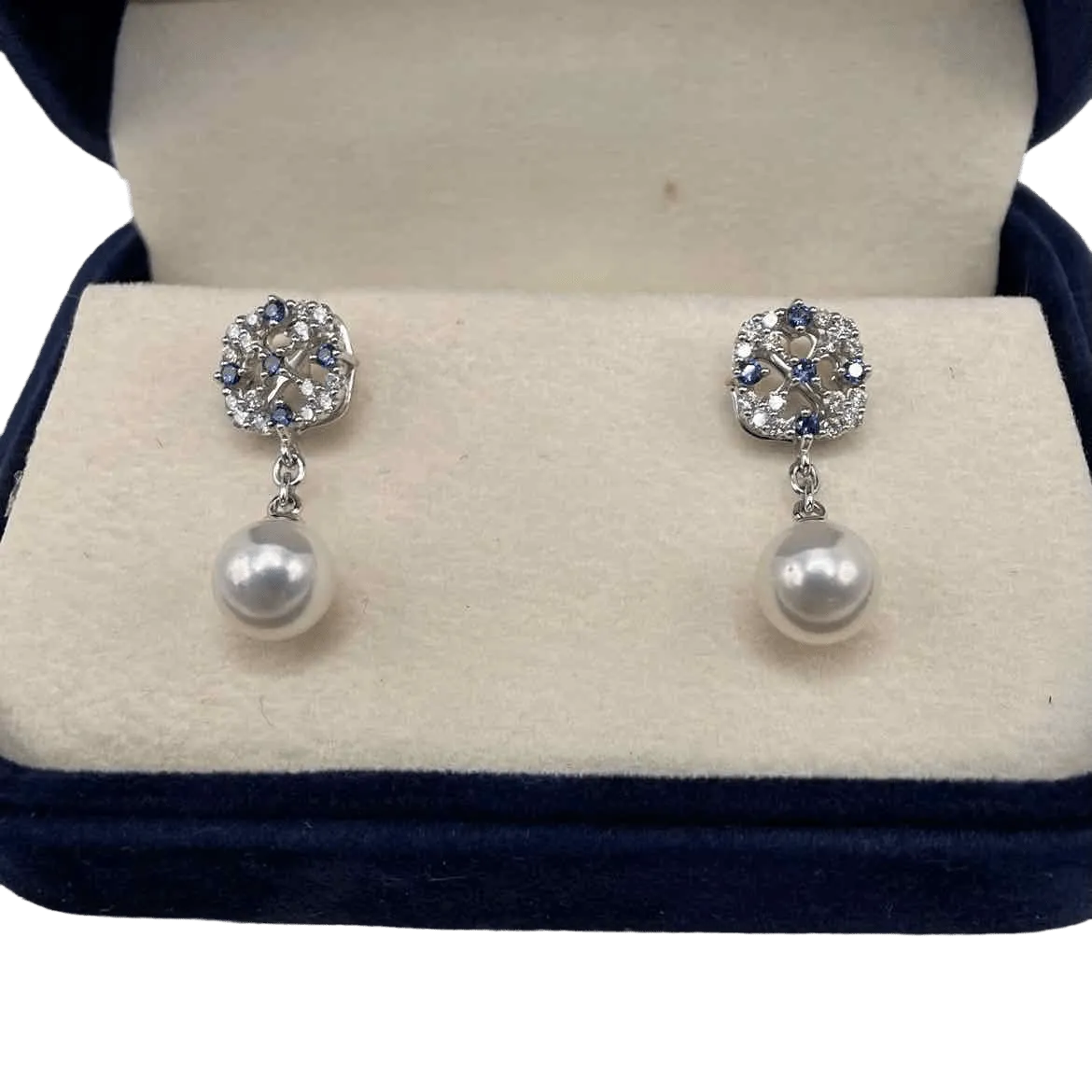 MIKIMOTO AKOYA 18K Yellow Gold with 7mm  CULTURED PEARL, 0.3ct DIAMOND & 0.14ct SAPPHIRE DROP EARRING