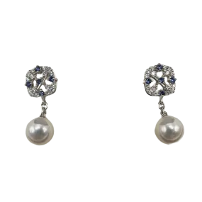 MIKIMOTO AKOYA 18K Yellow Gold with 7mm  CULTURED PEARL, 0.3ct DIAMOND & 0.14ct SAPPHIRE DROP EARRING