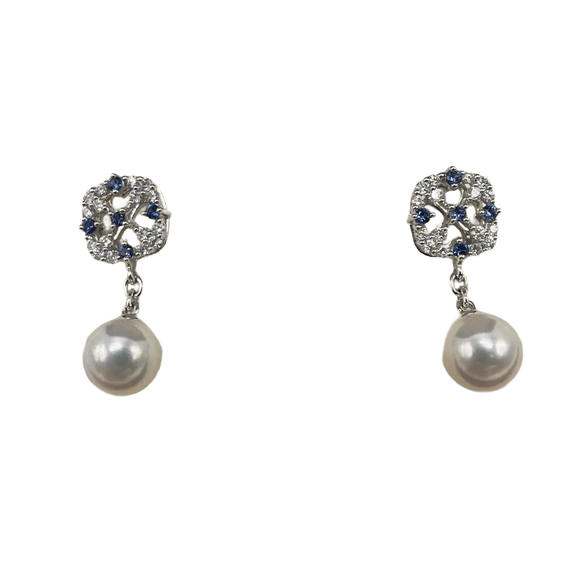 MIKIMOTO AKOYA 18K Yellow Gold with 7mm  CULTURED PEARL, 0.3ct DIAMOND & 0.14ct SAPPHIRE DROP EARRING