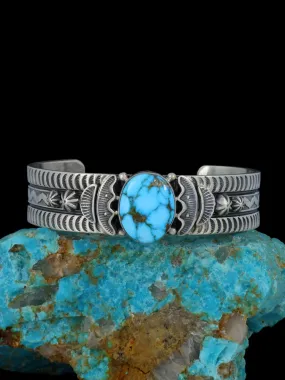 Native American Sterling Silver Kingman Turquoise Stamped Cuff Bracelet