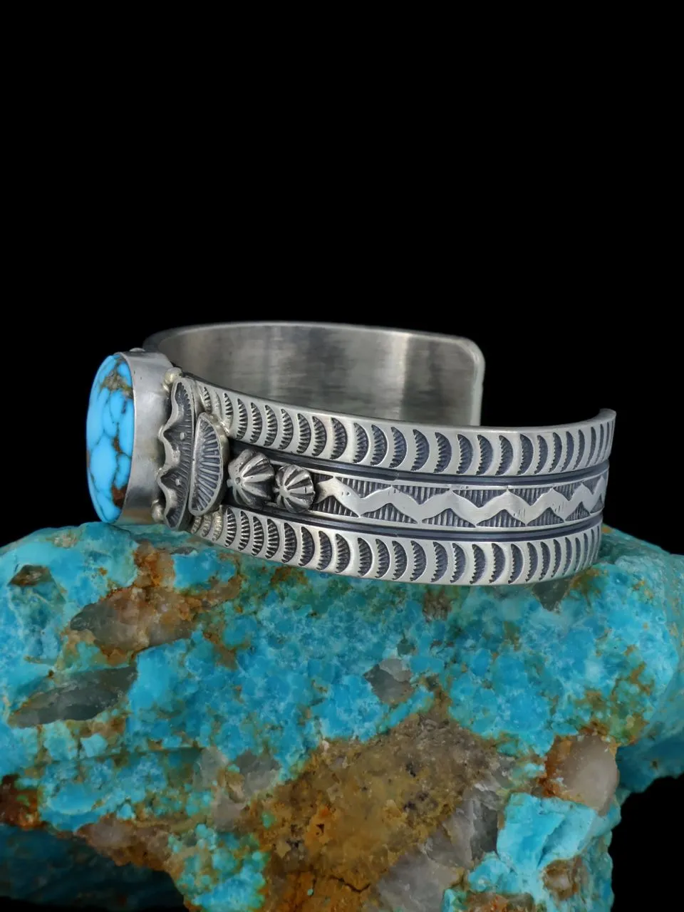 Native American Sterling Silver Kingman Turquoise Stamped Cuff Bracelet