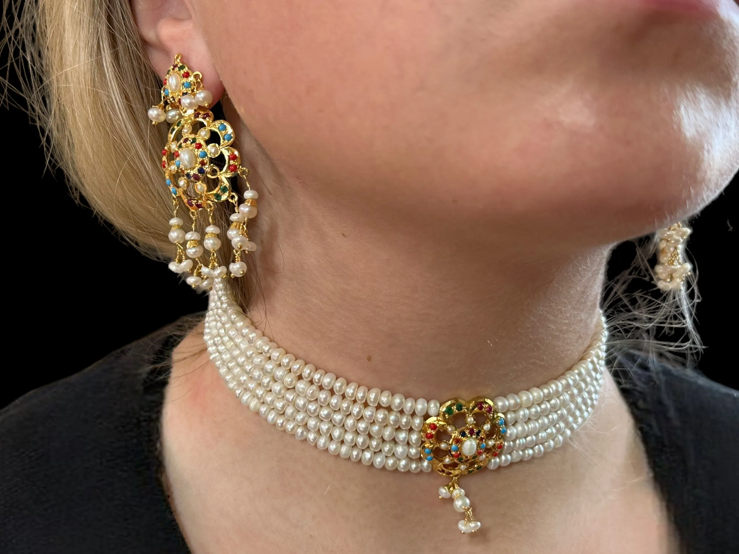 Navratan jadau choker set in fresh water pearls on gold plated silver ( READY TO SHIP )