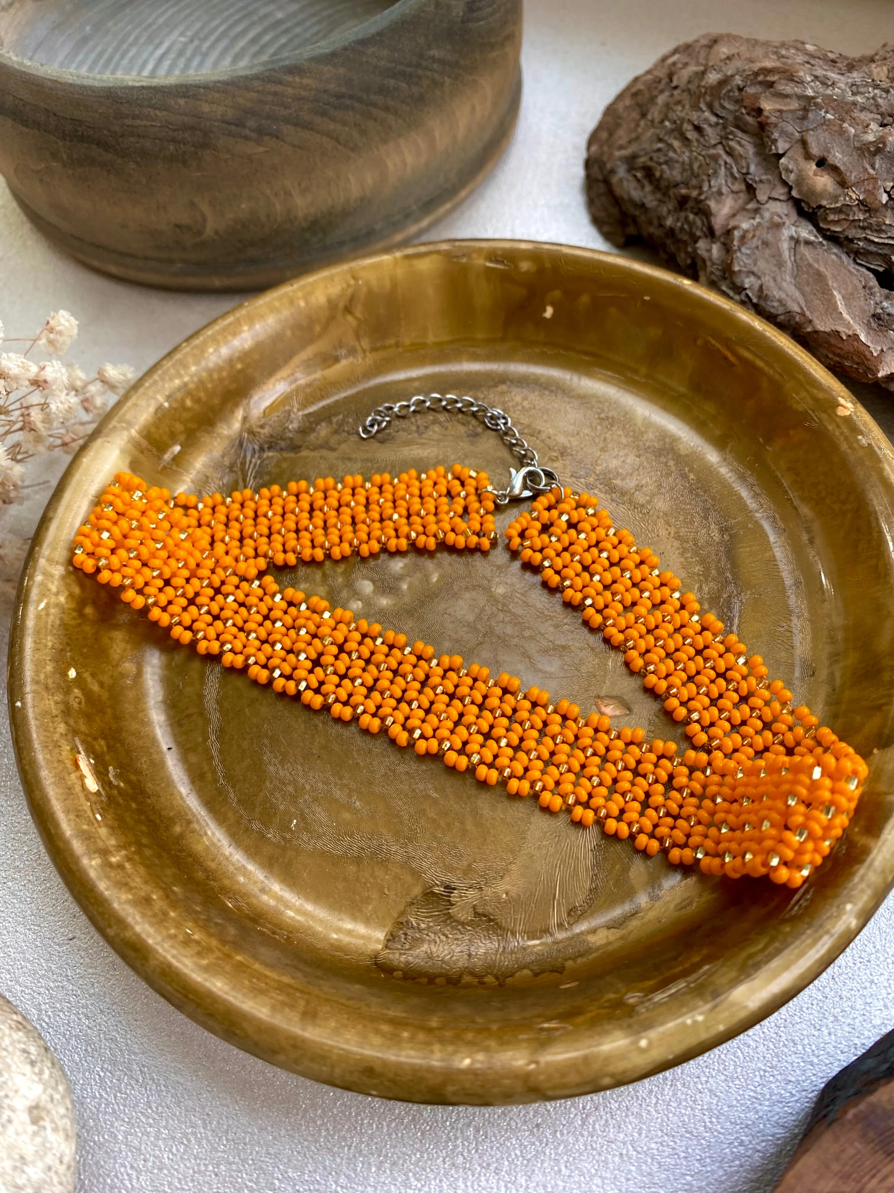 Orange Gold Seed Bead Wide Choker Collar, Unique Choker, Shiny Choker Necklace, Statement Thick Choker, Lace Choker, Boho Bohemian Choker