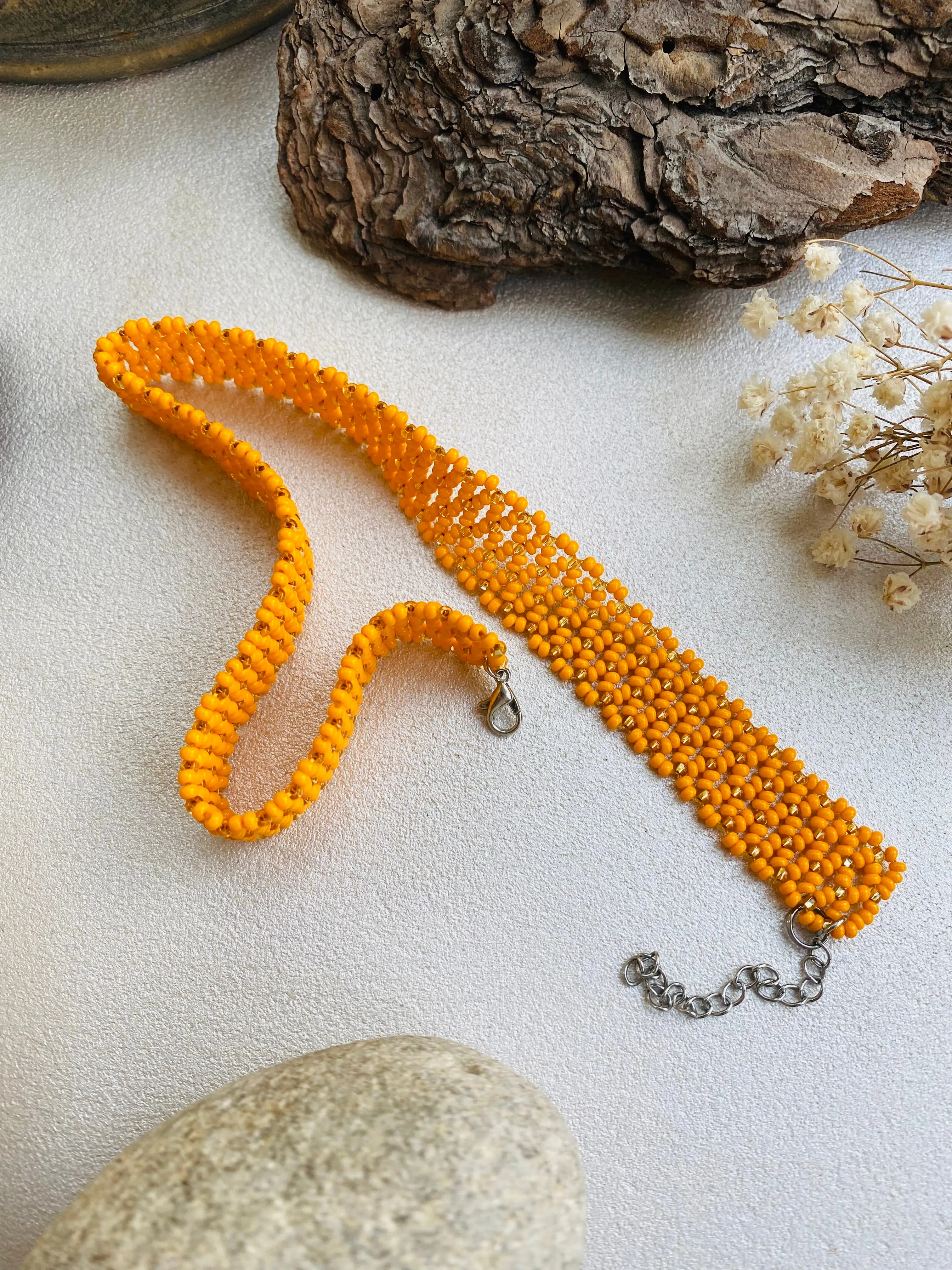 Orange Gold Seed Bead Wide Choker Collar, Unique Choker, Shiny Choker Necklace, Statement Thick Choker, Lace Choker, Boho Bohemian Choker