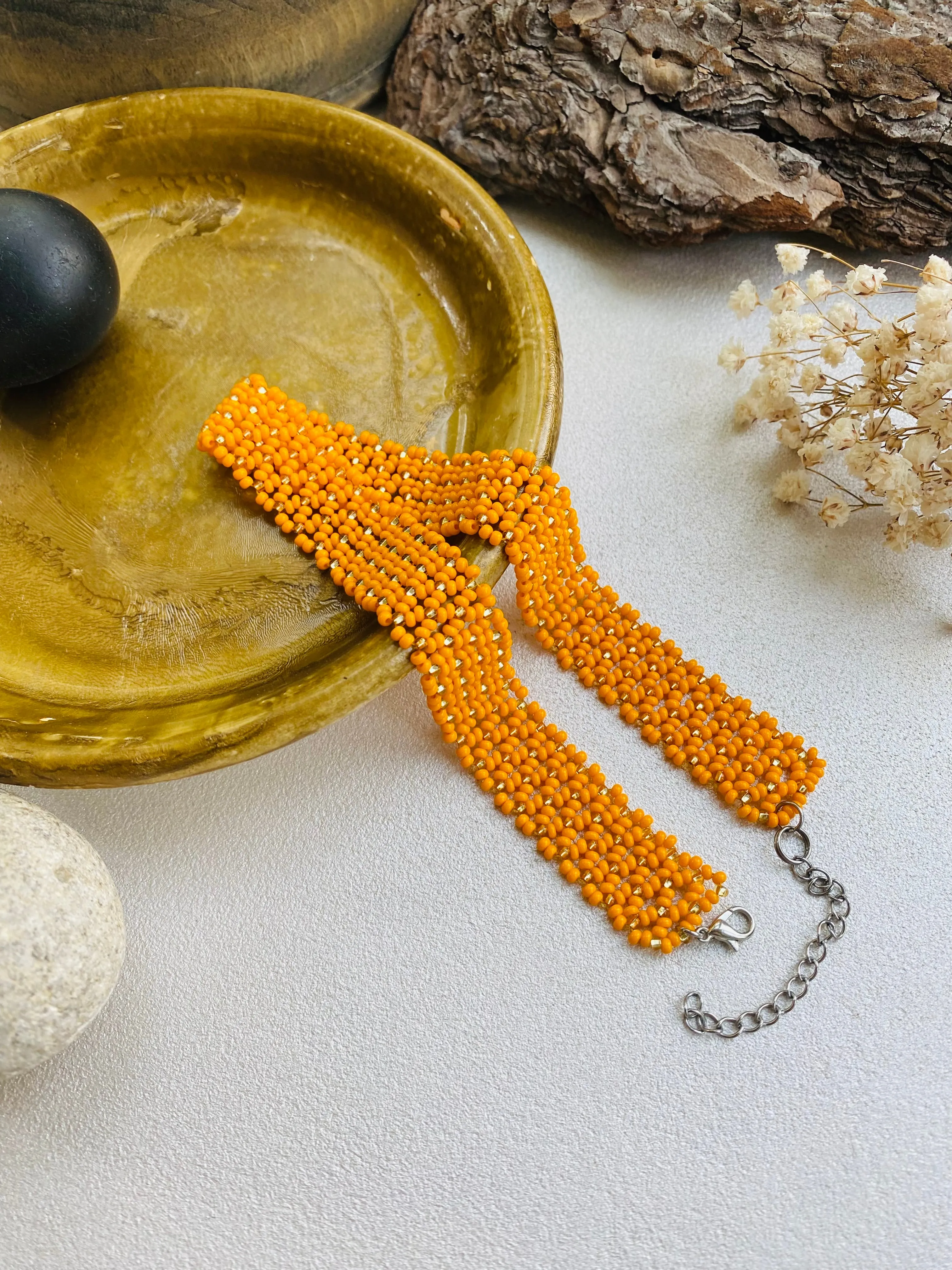 Orange Gold Seed Bead Wide Choker Collar, Unique Choker, Shiny Choker Necklace, Statement Thick Choker, Lace Choker, Boho Bohemian Choker