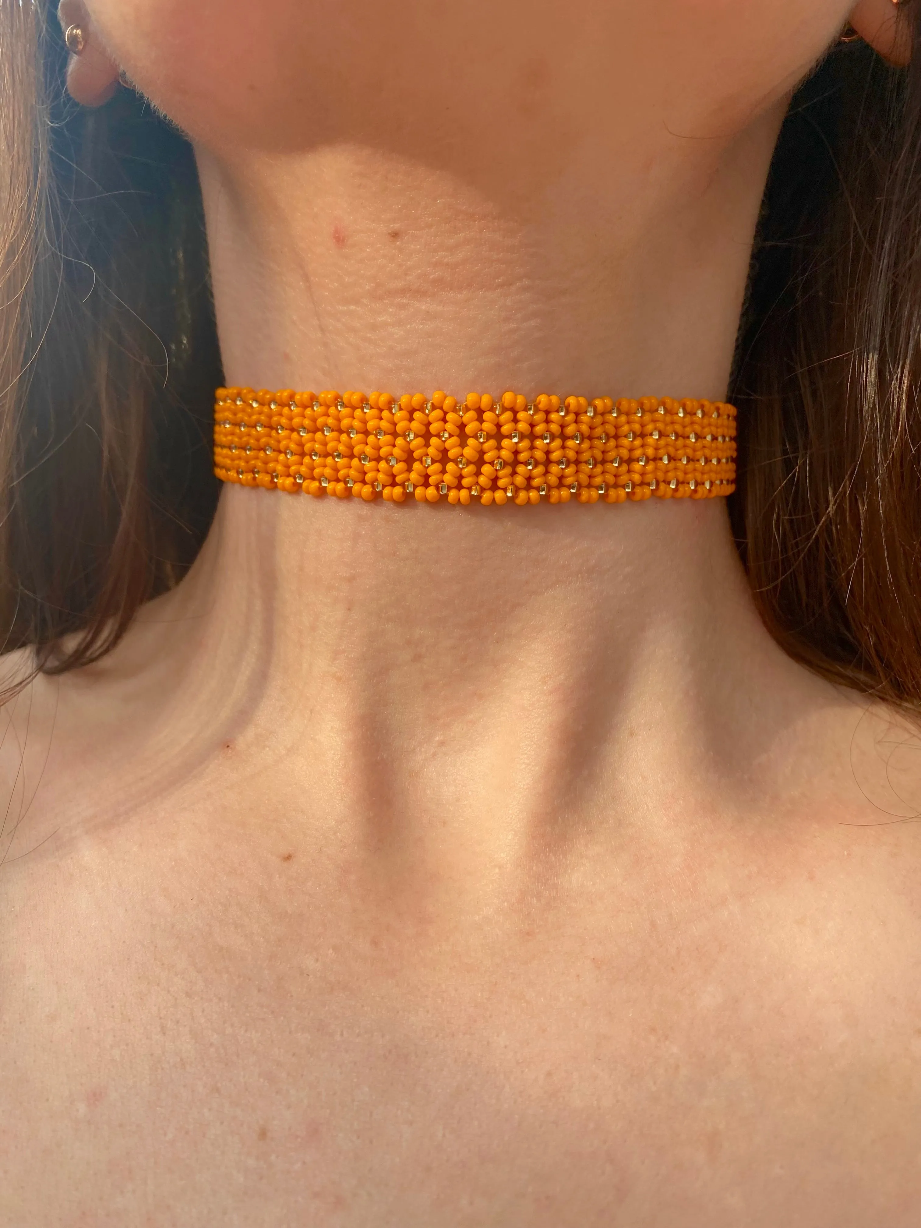 Orange Gold Seed Bead Wide Choker Collar, Unique Choker, Shiny Choker Necklace, Statement Thick Choker, Lace Choker, Boho Bohemian Choker